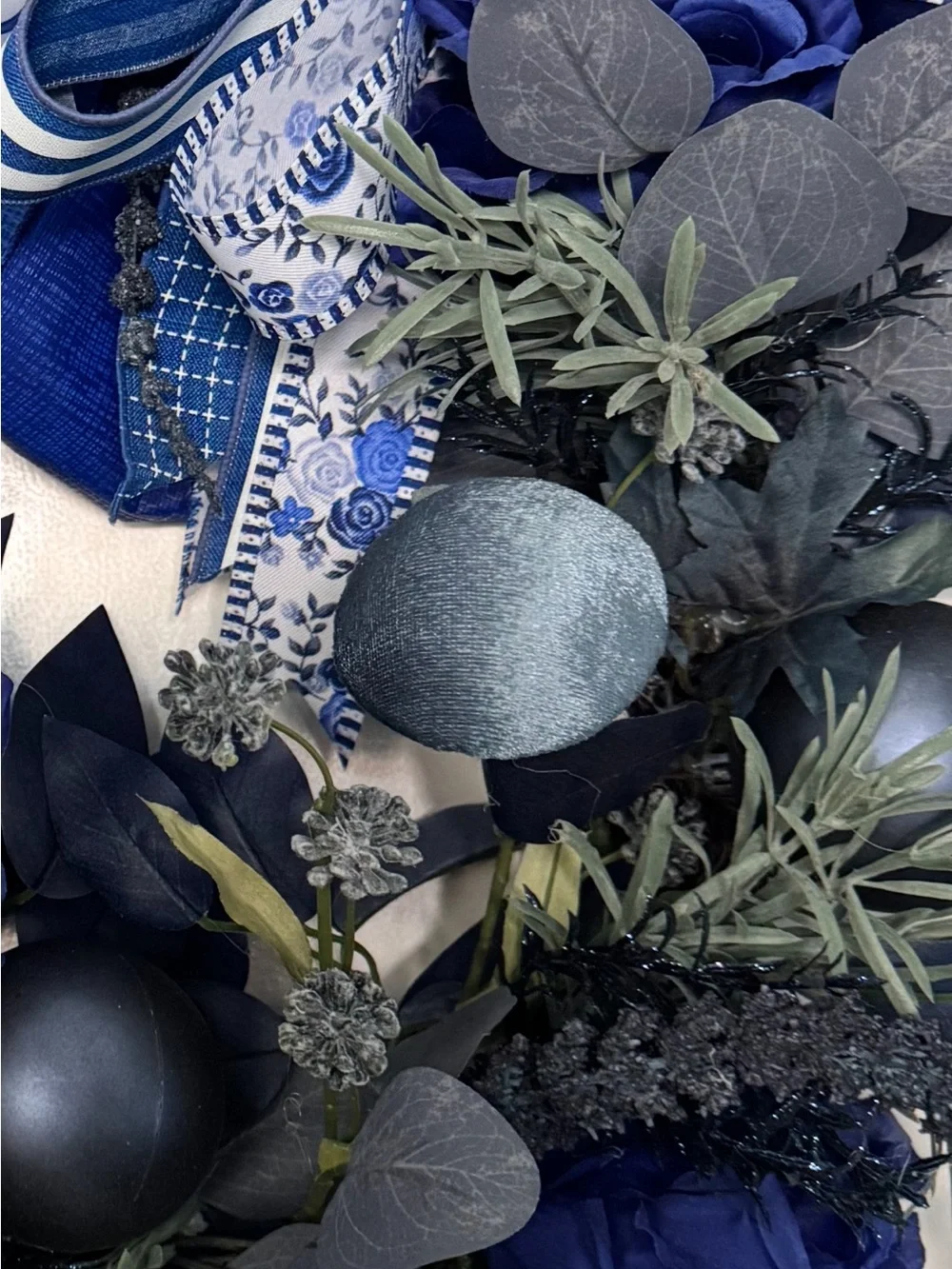 Blue Floral and Velvet Pumpkin Accent Wreath with Ribbon Bow and Amaranthus